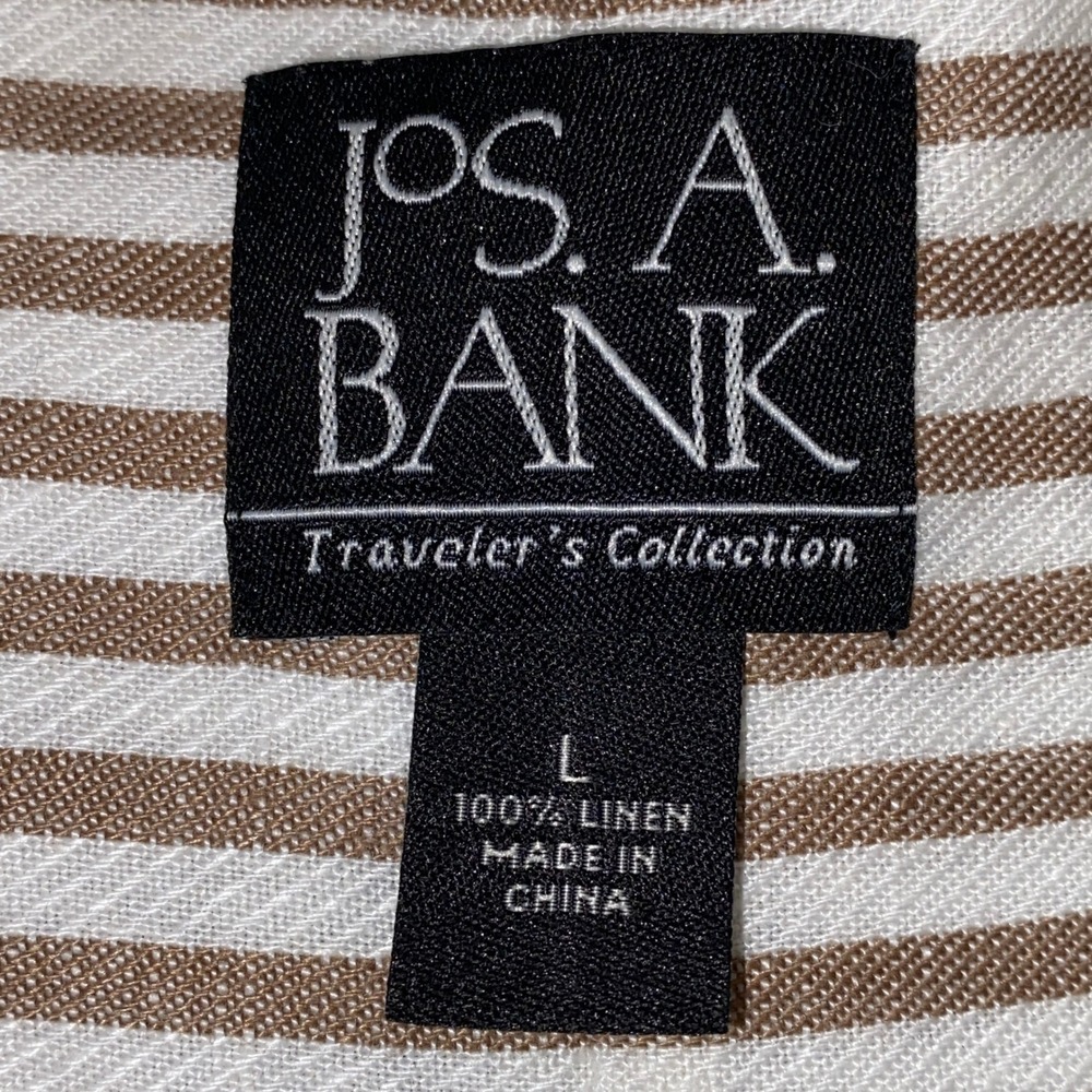Jos A Bank Button Down Men L Tan Striped Travelers Collection 100% Linen Coastal - Picture 5 of 8